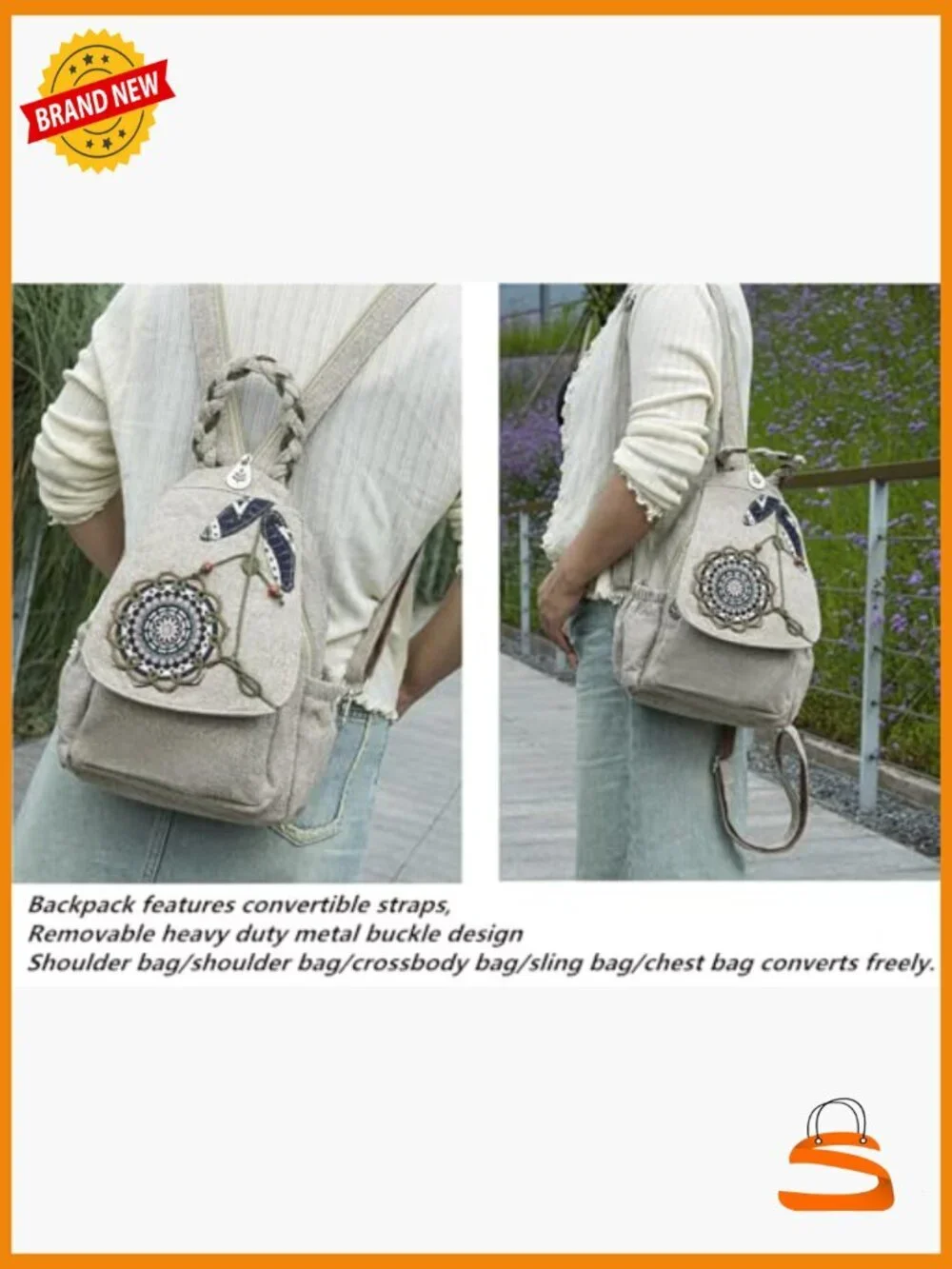 Canvas Convertible Backpack Crossbody Sling Bag for Travel Work School